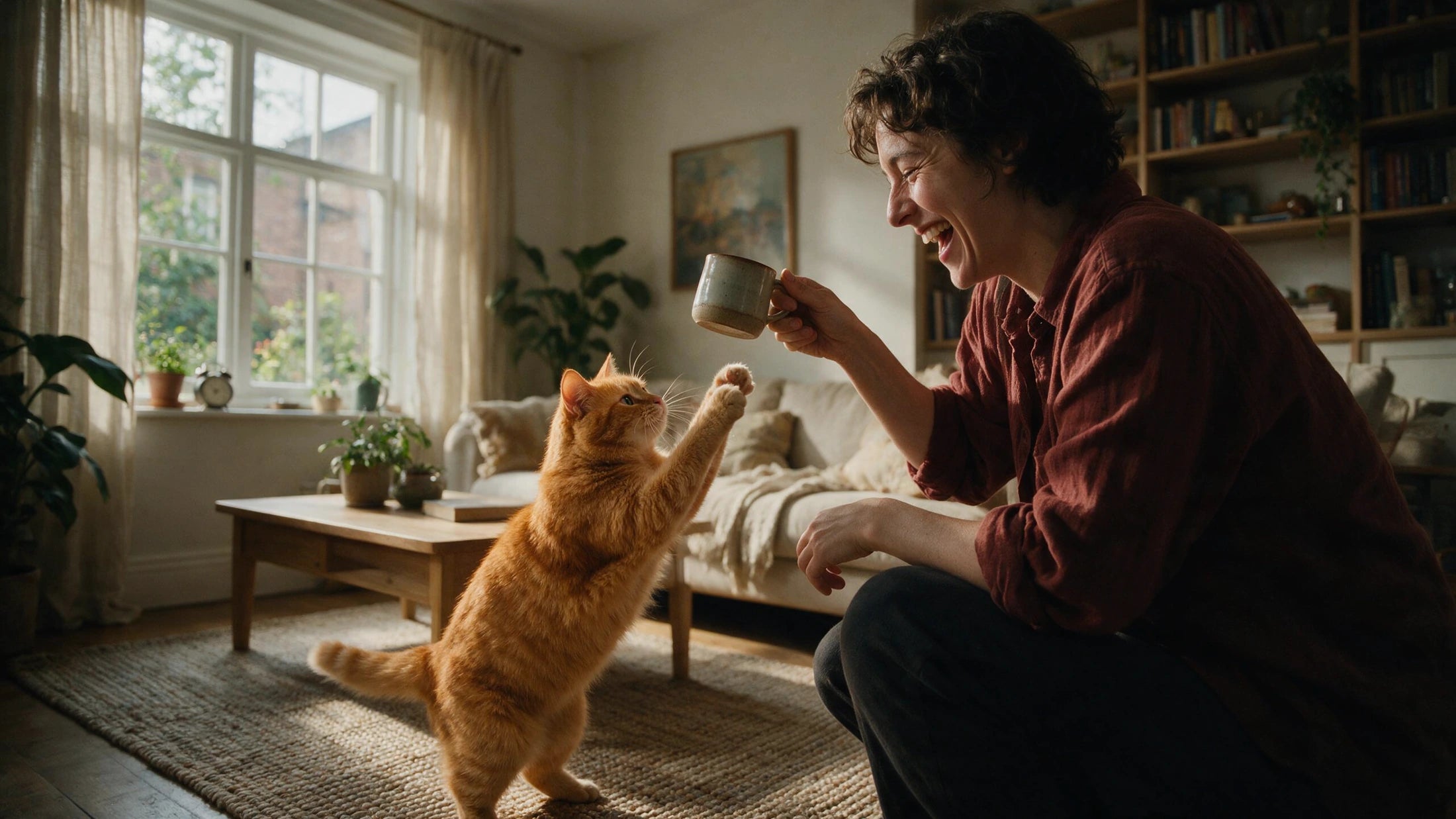 Gato pedindo carinho enquanto o tutor toma café