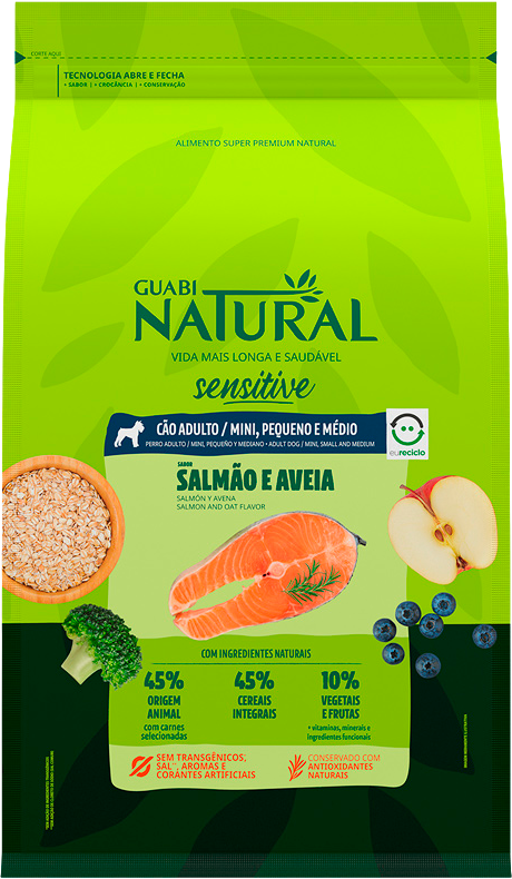 Guabi Natural Sensitive Cães Adultos Porte Mini, Pequeno ou Médio Sabor Salmão e Aveia (venda por 100g)