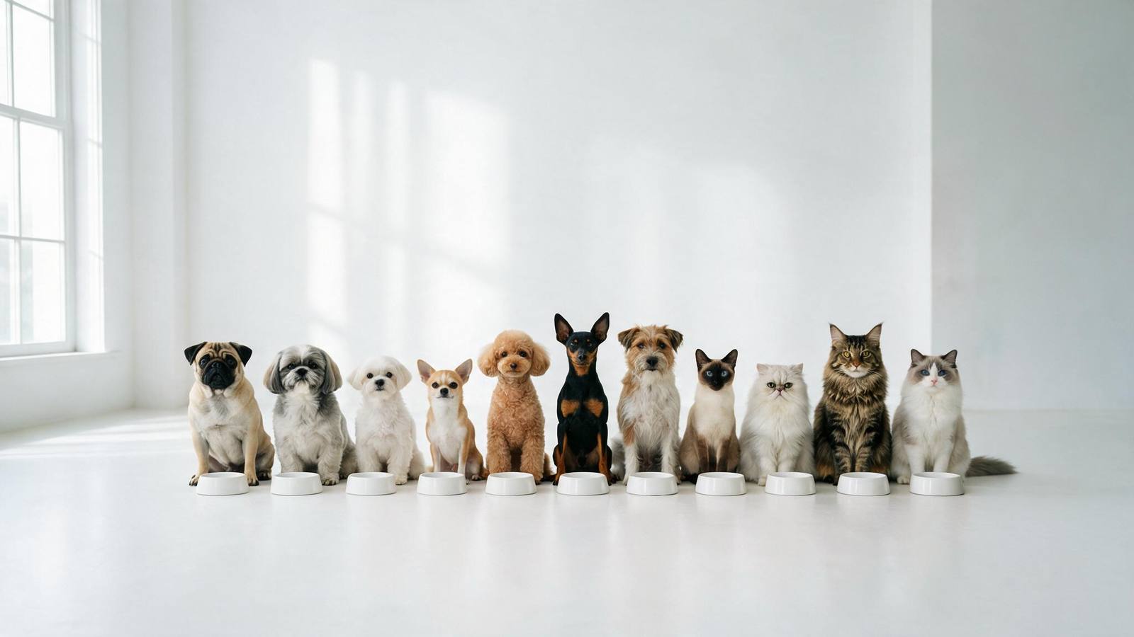 cães e gatos enfileirados diante de potes de ração