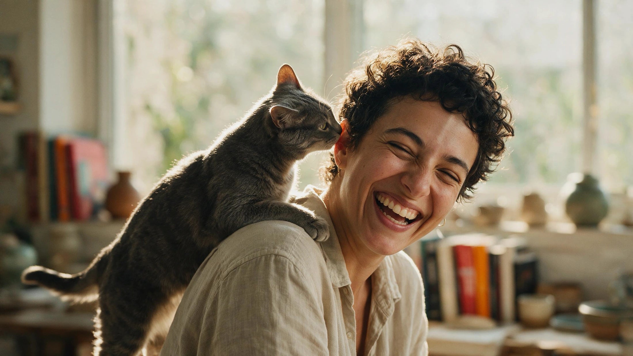 Tutora rindo com a gata no ombro